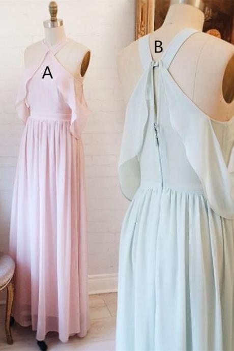 Pink Long Chiffon Bridesmaid Dress, Mint Chiffon Long Bridesmaid Dress, Party Dress, Prom Dress M1825