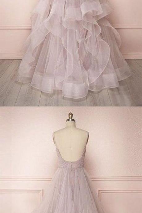 Simple Long Tulle Dress V Neck Layered Prom Dress Graduation Dress M1828