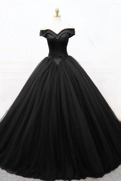 Sweetheart Black Tulle Strapless Dress Off Shoulder Long Prom Gown M1833