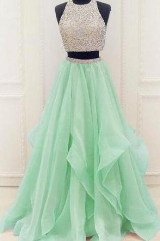 Charming Two Pieces Long Prom Dresses,beading Halter Tulle Prom Dresses,lovely Girly Prom Gowns M1837