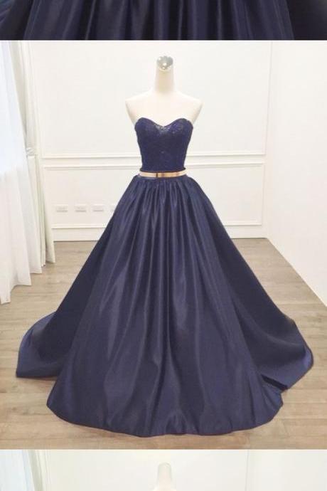 Sweetheart Neck Navy Blue Satin Long Evening Dress, Navy Blue Lace Top Prom Dress M1838
