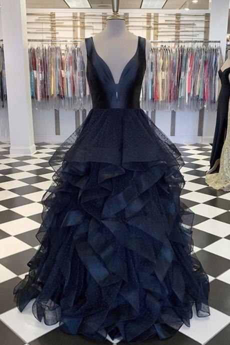 Navy Blue Tulle V Neck Multi-layer Long Formal Dress Prom Dress Evening Dress M1843