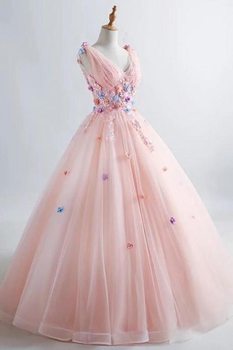 Princess Blush Ball Gown 3d Floral Applique V-neck Prom Quinceaner Dress M1866