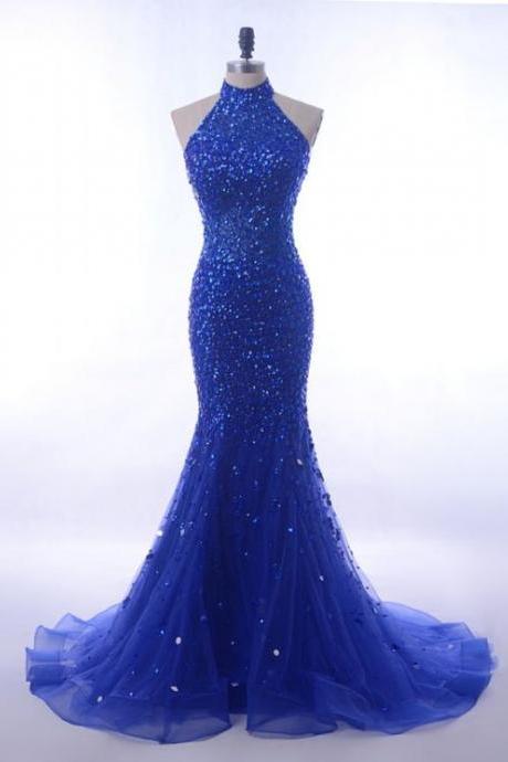 Luxury Sequin Crystals Evening Party Dress Long Royal Blue Mermaid Prom Dresses Halter For Formal Gowns M1869