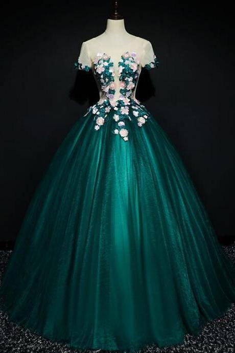 Dark Green Tulle Round Neckline Ball Gown Formal Dress, Quinceanera Dress M1876