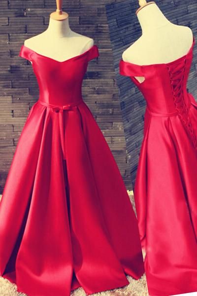 Prom Dresses,evening Dress,pretty Off Shoulder Floor Length Satin Red Prom/evening Dress With Belt M1885