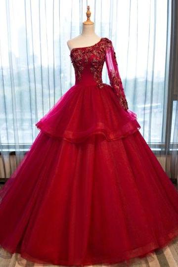 Burgundy Ball Gown Long Prom Dress, Burgundy Evening Dress M1888