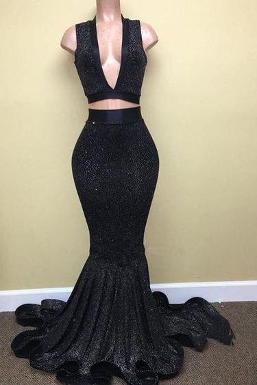 Sexy Mermaid Black V Neck Two Pieces Sequence Long Prom Dresses M1894