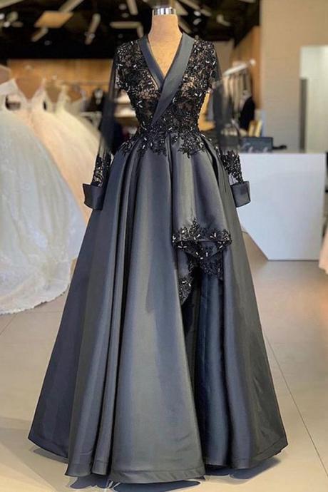 Dark Gray Satin Arabic Style Women Evening Dress, Prom Dress With Sleeve M1919