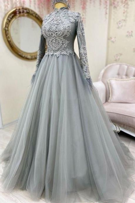 Gray Arabic Style Women Evening Dress, Prom Dress With Sleeve M1920