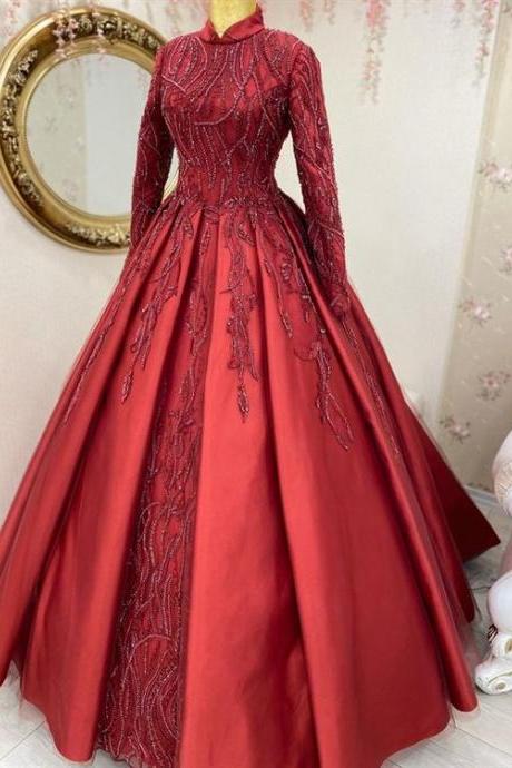 Red Long Sleeve Evening Dress, Prom Dress M1926