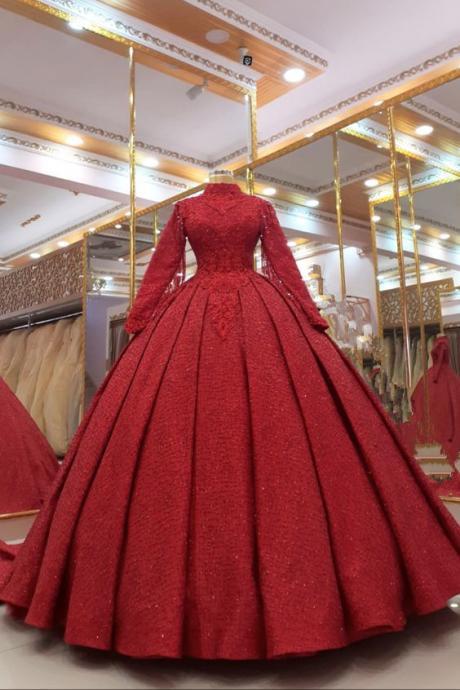 A-line Red Prom Dress Evening Dress Wedding Dress Long Sleeves M1933