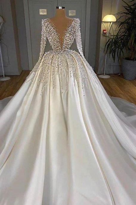 White Satin Turkish Wedding Dresses Dubai Arabic Long Sleeve Bridal Gowns Beaded Crystal Bride Dress M1942