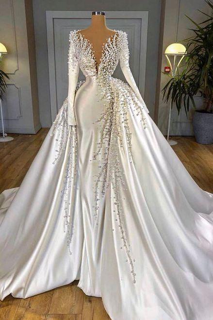 White Long Sleeve Bridal Gowns Beaded Crystal Bride Dress M1943
