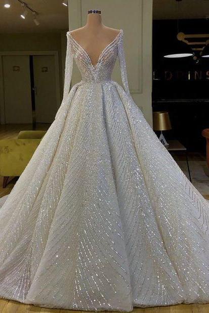 Stunning White Long Sleeve Prom Dress Wedding Gown M1945