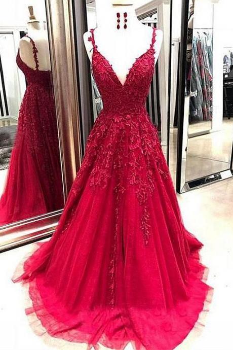 Stunning Tulle V-neck Neckline A-line Prom Dresses With Lace Appliques M1949