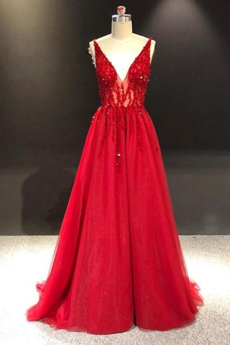 Red Tulle Long Sequins Crystal V Neck A-line Formal Prom Dress, Party Dress M1950