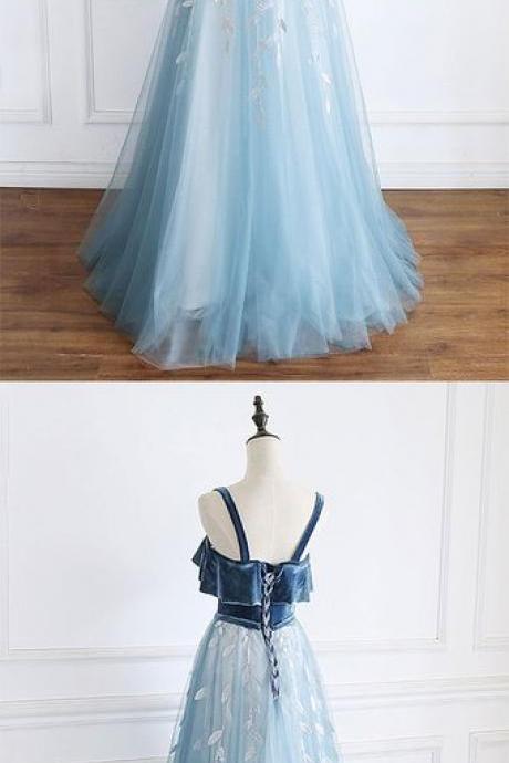 Blue Tulle Velvet Long A Line Senior Prom Dress, Formal Dress With Applique M1957