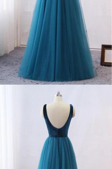 Blue Velvet Tulle Open Back Long Mother Bridal Dress, Prom Dress M1973