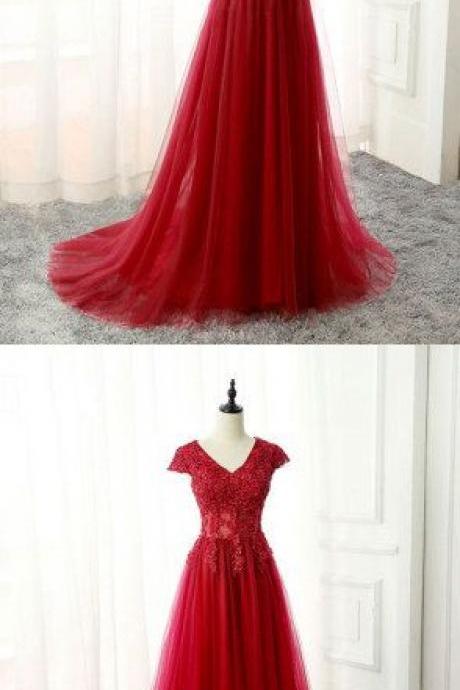 Burgundy V Neck Lace Long Prom Dress M1975