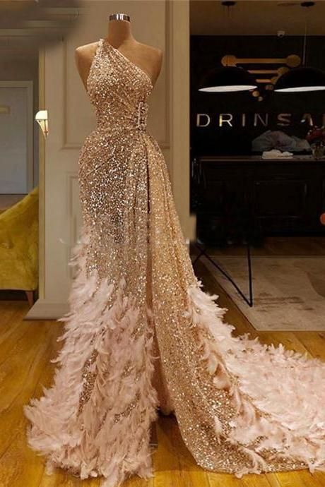 Gold Prom Dresses, Side Slit Prom Dresses, Sequins Prom Dresses, One Shoulder Prom Dresses, Feather Prom Dresses M1986