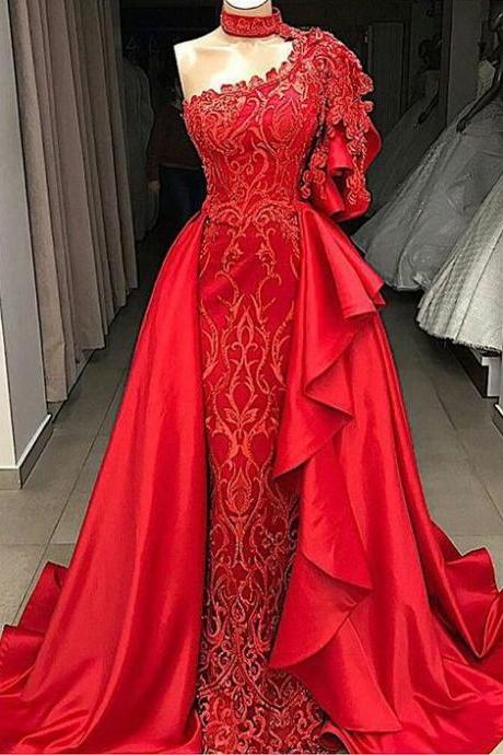 High Neck Red Evening Dresses Long Lace Applique Beaded Elegant Modest Evening Gown M1990