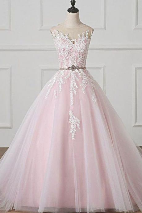 Light Pink Scoop Neck Lace Applique Formal Prom Dress, Beaded Wedding Dress M1996