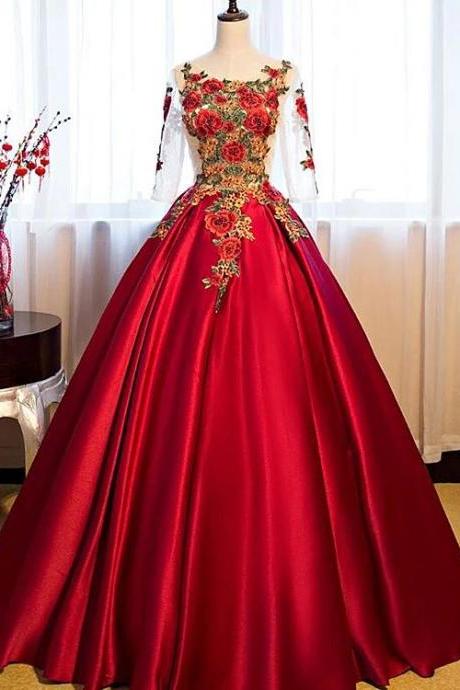 Beautiful Dark Red Round Neckline Party Dress With Sleeves, Sweet 16 Dresses M1997