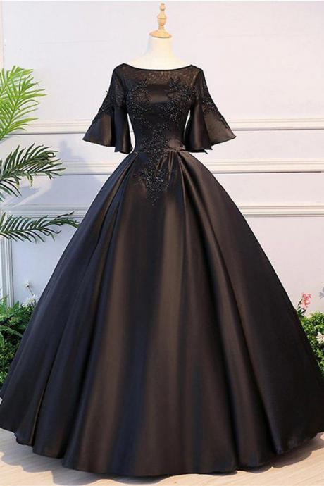 Black Satin Open Back Mid Sleeve Long Applique Evening Dress, Prom Dress M2003