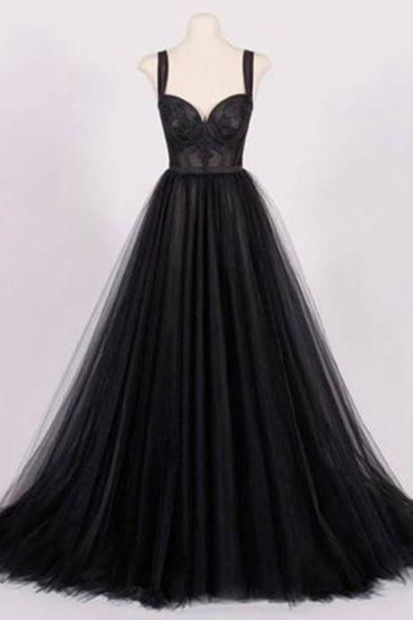 Unique Black Tulle, Sweetheart A-line ,handmade Long Evening Dress M2004