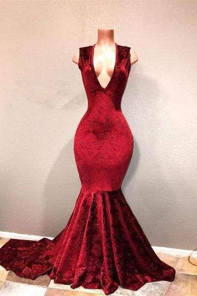Sexy Burgundy Mermaid Prom Dresses | V Neck Long Print Evening Gowns M2009
