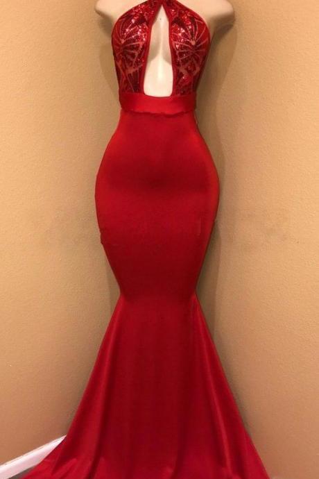 Sexy Red Mermaid Halter Open Front Satin Prom Dresses With Sequence M2010