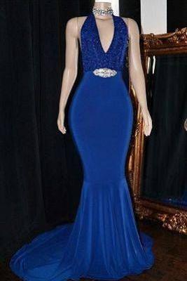 Floor-length Blue Mermaid Long Prom Gown M2011
