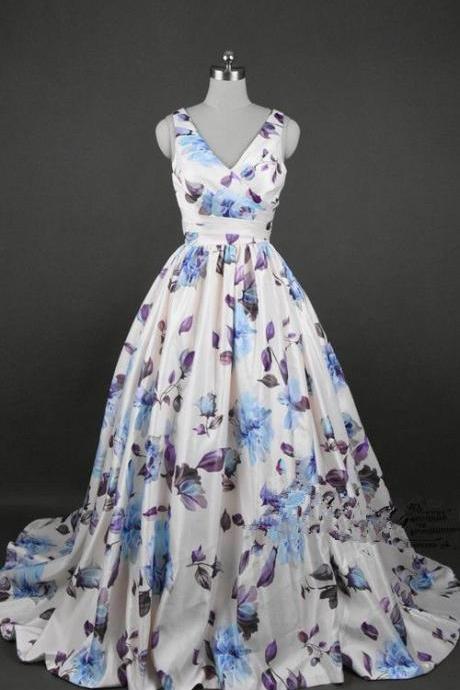 Blue Ivory Floral Print Sleeveless Floor Length Ball Gown Beading Pearls Prom Dress M2017