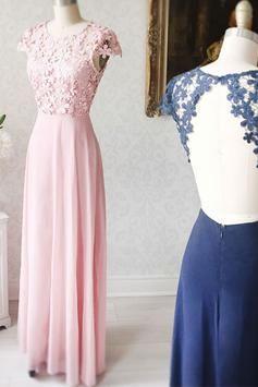 Simple Round Neck Chiffon Lace Long Prom Dress. Lace Evening Dress M2029