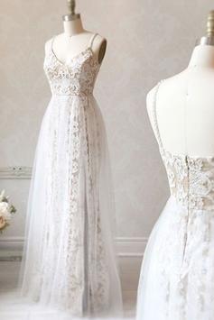White V Neck Tulle Lace Long Prom Dress, White Evening Dress M2030
