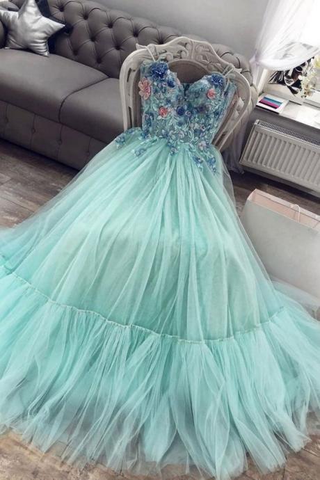 Sweetheart Neck Green Tulle Long A Line Prom Dress, Evening Dress With Lace Applique M2034