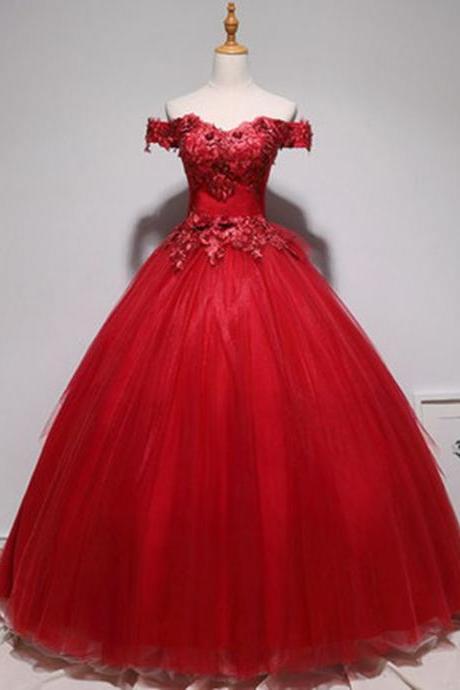 Red Tulle Long A Line Prom Dress, Evening Dress With Lace Applique M2035