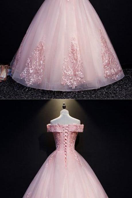 Pink Tulle Lace Off Shoulder Long Formal Prom Dress With Sleeve M2037