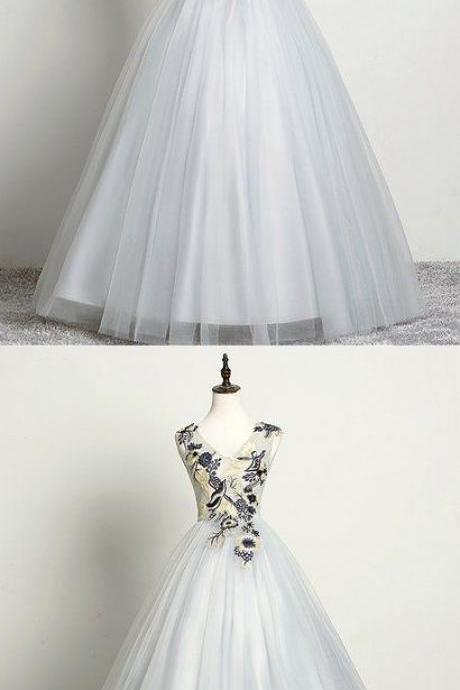 Simple Long Tulle V Neck Prom Dress, Long Customize Evening Dress M2038