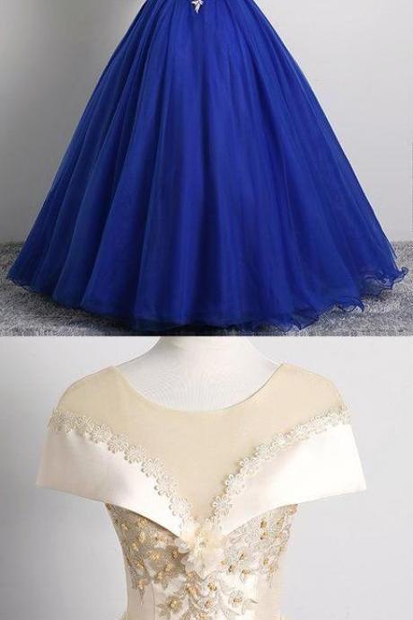 Royal Tulle White Lace Round Neck Cap Sleeve Long Prom Dress, Formal Dress M2039