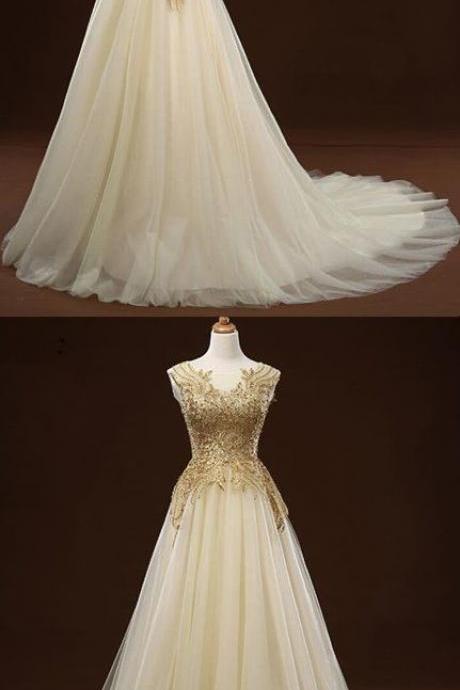 White Tulle Long Gold Applique Wedding Dress, Beading Formal Prom Dress M2040
