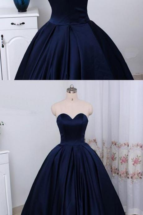 Simple Navy Blue Satin Sweetheart Long Customize Prom Dress, Long Prom Dress For Teens M2042