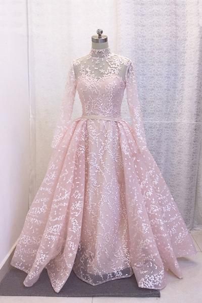 Dreamy Pink Long Sleeves Long A-line Evening Dress, Formal Bridal Dress, Prom Dress M2043