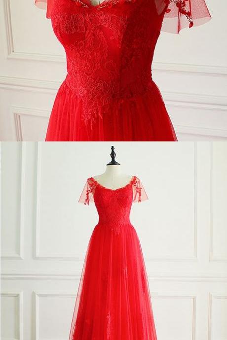 Design Red Lace V Neck Long Formal Prom Dress With Cap Sleeve M2046
