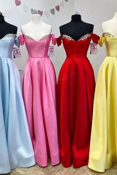 Elegant Off The Shoulder Prom Dresses Crystals A-line Red Yellow Blue Satin Long Formal Evening Dress Vestidos Custom Made M2053