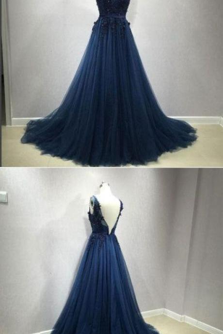 Dark Blue Tulle Lace Long Prom Dress M2055