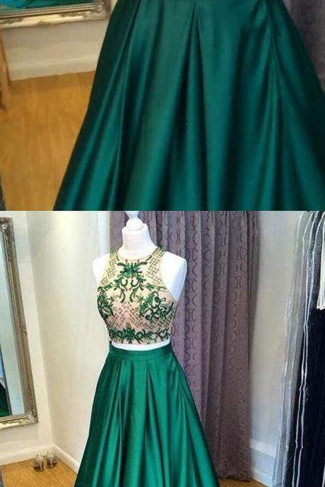 2 Pieces Green Satin Prom Dresses A Line Long Beads Evening Dress Party Gown M2066