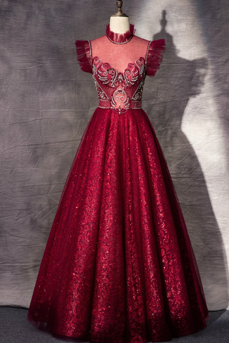 A-line Sequins High Neck Beading Crystal Prom Dress M2071