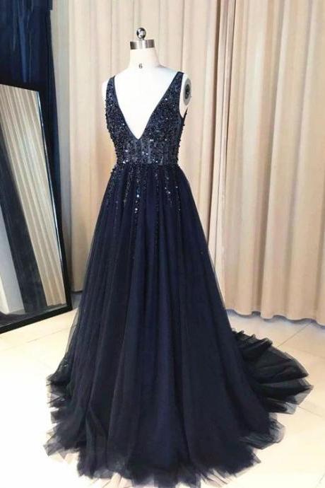 Sparkly Deep V Neck Beaded Prom Dress, Long Tulle Backless See Through Evening Dress M2073